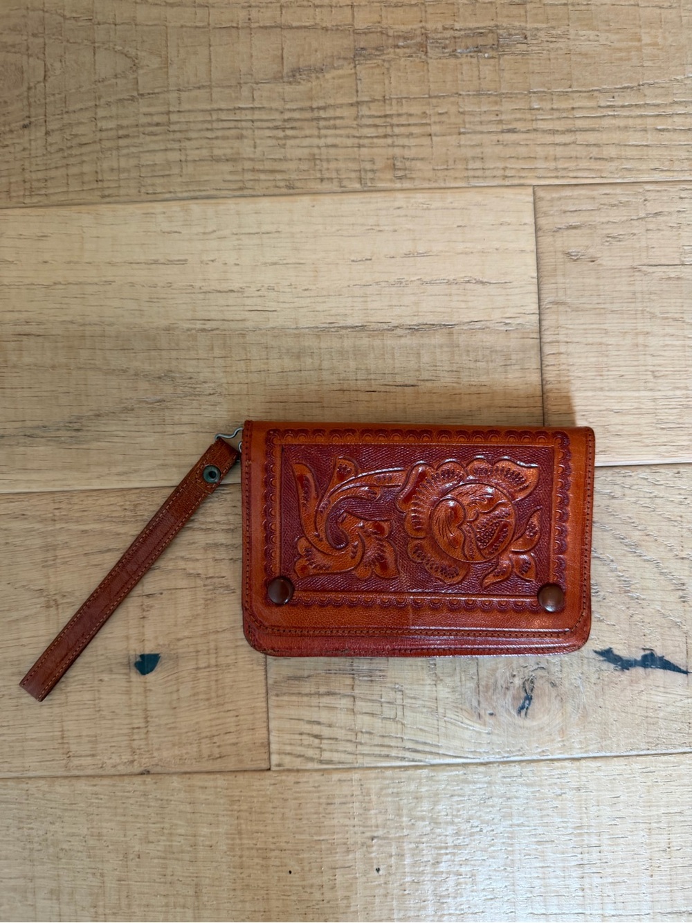 Hand-Tooled Leather Wristlet Wallet - Brown
